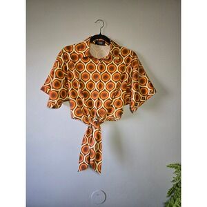 CIDER Retro Geometric Tie-Front Crop Top | Size S | 70s Mod Print